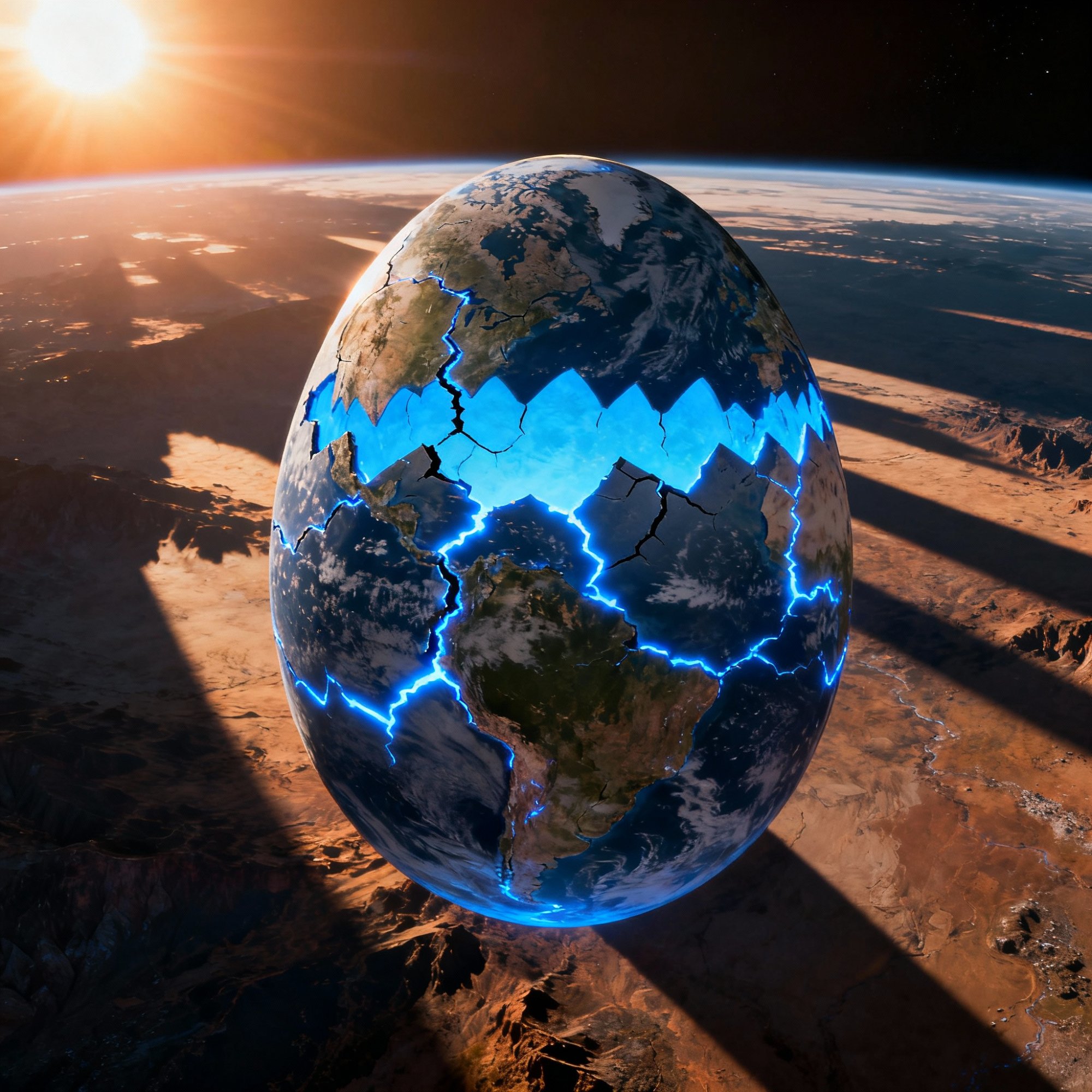 Ilustração da Terra como um ovo cósmico com rachaduras de luz simbolizando a verdade emergindo