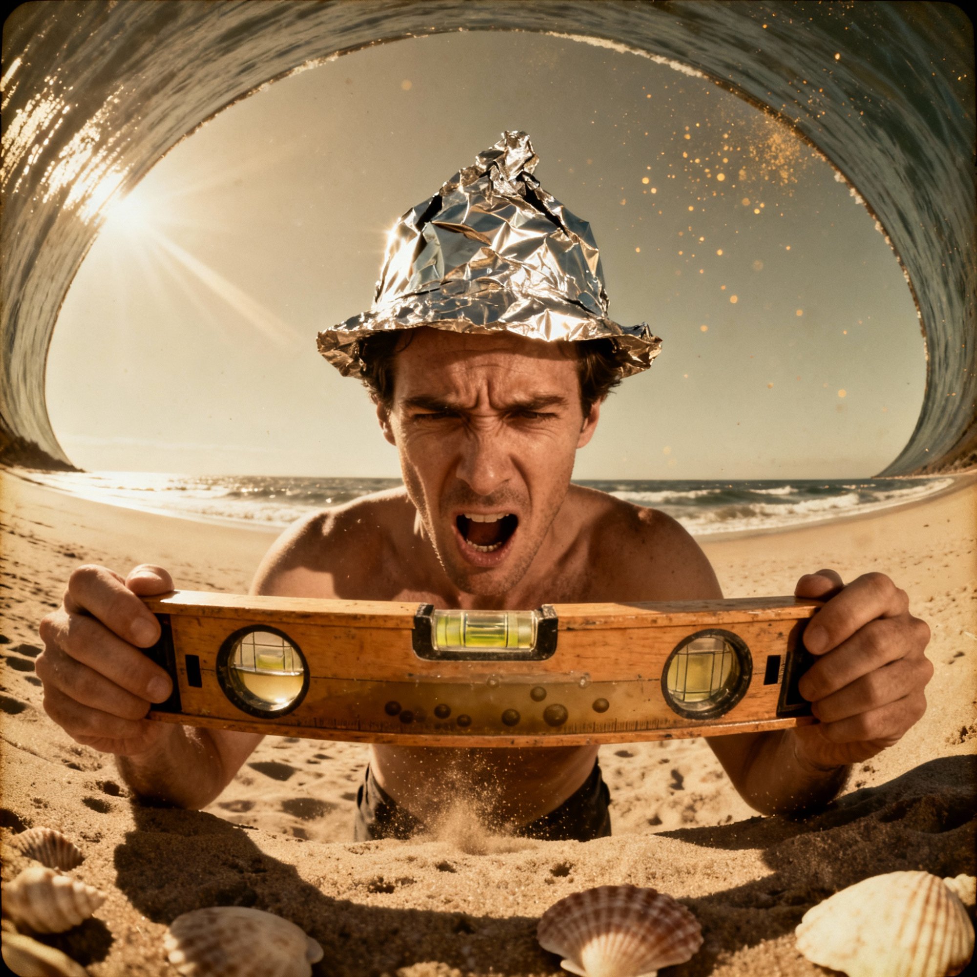 Ilustração bem-humorada de uma pessoa confusa segurando um nível de bolha na praia